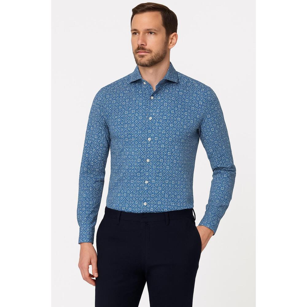 FEDELI Shirt Mens 17 Blue Patterned Long Sleeve Casual Stretch Made Italy‎